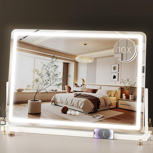 Vanity Mirror with Lights, 33"x23" Hollywood Lighted Makeup Mirror for Tabletop & Bedroom 3 Color Lighting Modes Smart Touch Control 360° Rotation Detachable