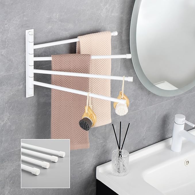GERZWY Wall Mount Bath Towel Rack with 4 Arms Stainless Steel Bathroom Swing Arm Towel Bars Organizer, White