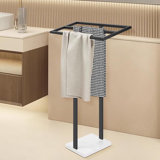 Livabber Standing Towel Rack, 304 Stainless Steel 2 Tier Towel Holder Stand with Heavy Marble Base, Stylish Floor Towels Bar for Bathroom Accessories, Laundry Room, Pool (Black)