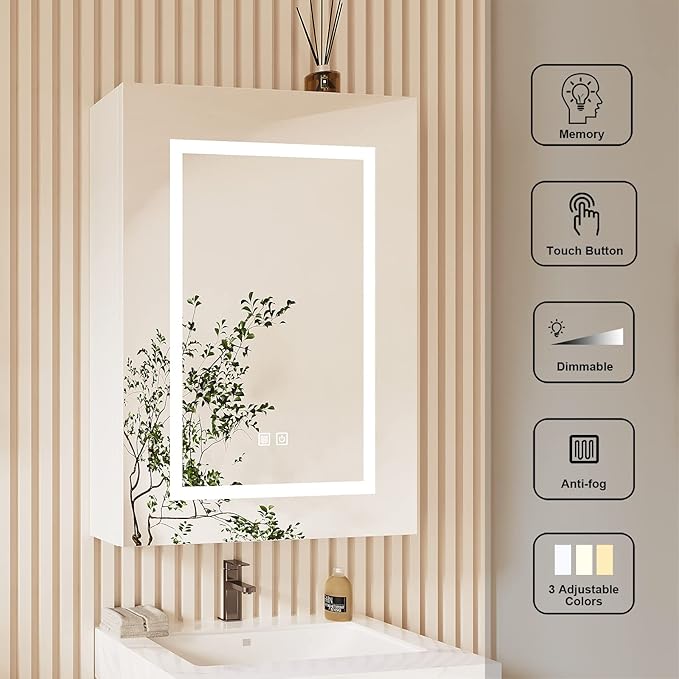 Led Medicine Cabinets for Bathroom,Lighted Medicine Cabinet with Mirror, Surface Mount Bathroom Vanity Medicine Cabinet with Storage,Brightness Adjustable,19.5X 27.3Inch