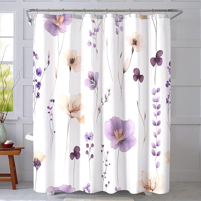 Purple Beige Floral Shower Curtain, Watercolor Flower Shower Curtains for Bathroom, Modern Minimalist Waterproof Fabric Bath Decoration 72x72 Inch