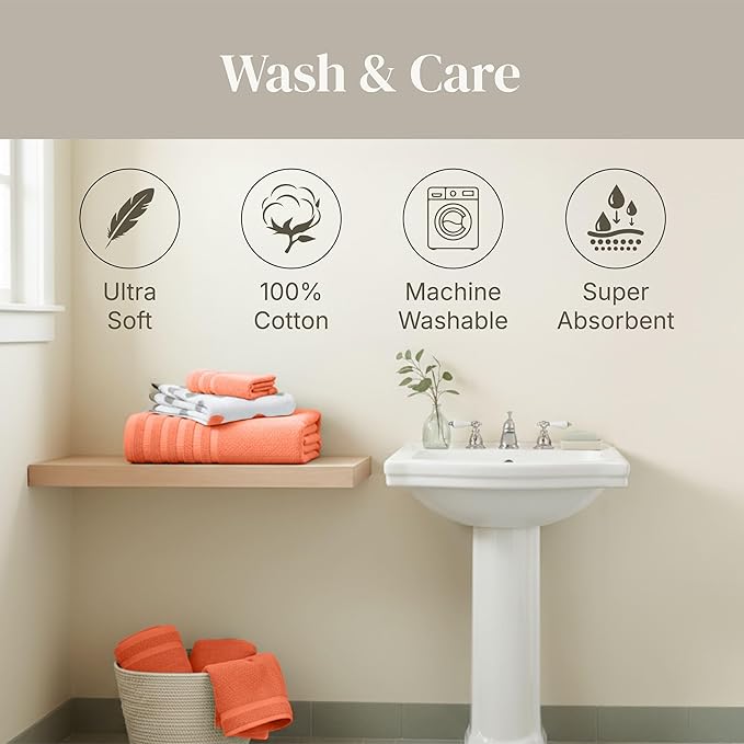 Modern Threads Natural Vine 6-Piece 100% Cotton Towel Set – Yarn Dyed Jacquard – Includes 2 Bath Towels, 2 Hand Towels, 2 Washcloths – Absorbent, Quick Dry, Soft & Durable – Rust Orange