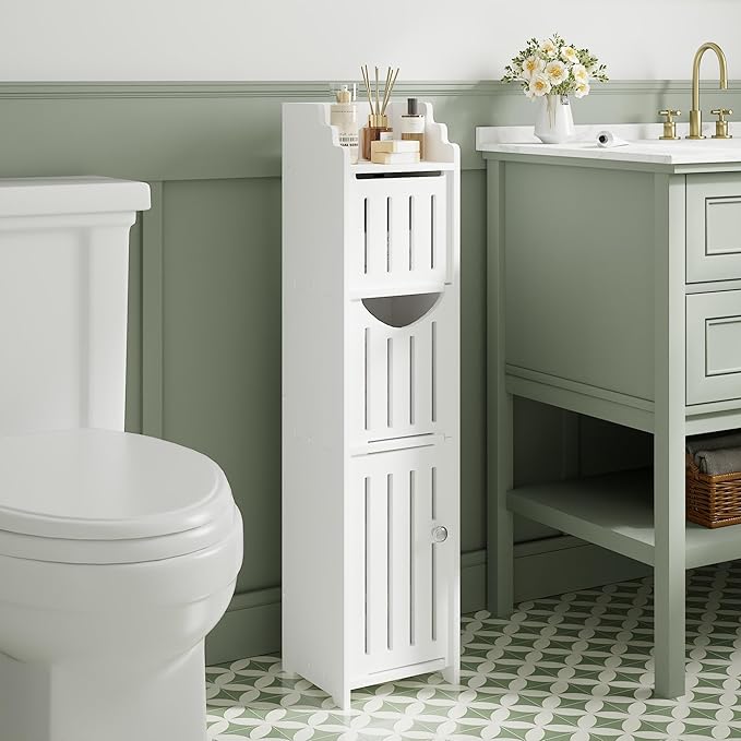 VECELO Bathroom Cabinet, Small Storage Cabinet with Toilet Paper Scroll,Corner Cabinet with Farmhouse Style Door for Bathroom Narrow Corner Space,Pearl White