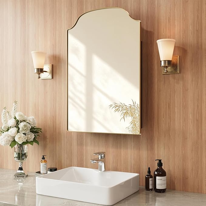 20x30 Inch Medicine Cabinet - Surface Mount or Recessed Bathroom Mirror Cabinet with Storage, Metal Framed, Sturdy & Easy Installation（Gold）