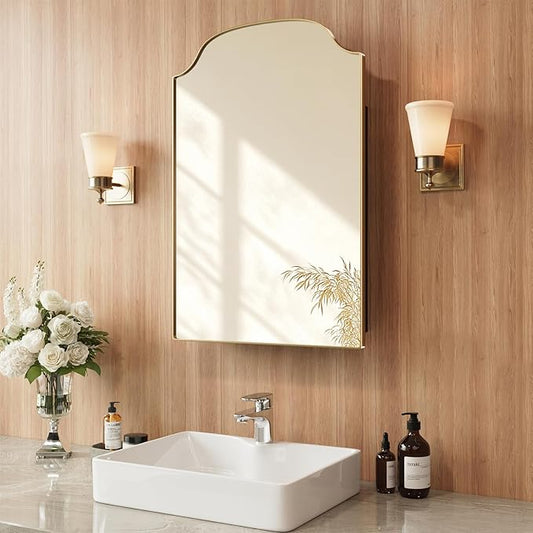 20x30 Inch Medicine Cabinet - Surface Mount or Recessed Bathroom Mirror Cabinet with Storage, Metal Framed, Sturdy & Easy Installation（Gold）