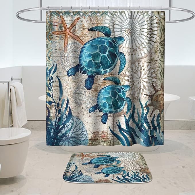 Sea Turtles Ocean Nautical Bathroom Sets with Beach Shower Curtain and 20 x 31 Rug and Accessories Decor with Memory Foam Non Slip Velvet Bath Mat and 12 Hooks 72 x 72 Inch