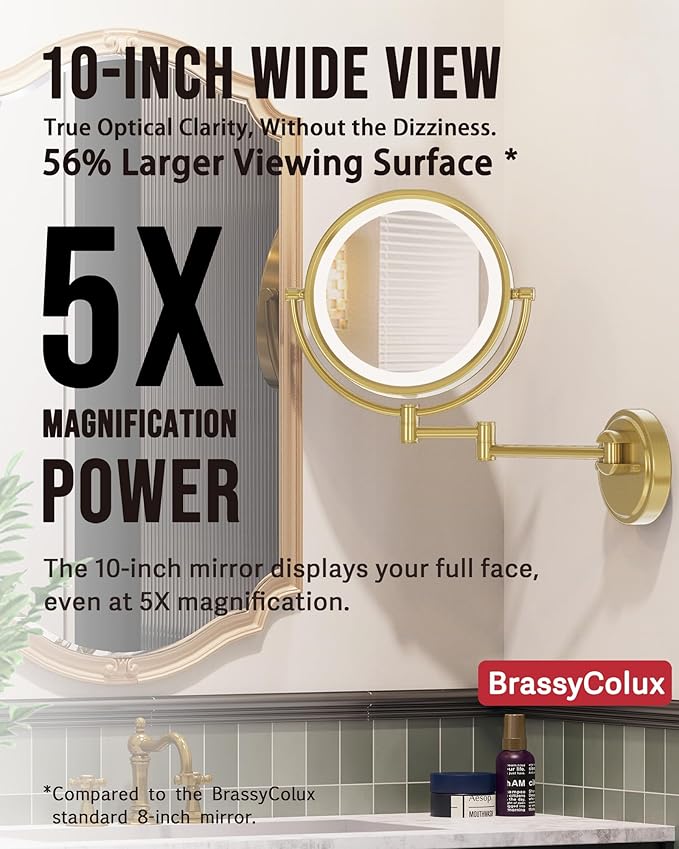 10" Wall Mounted Makeup Mirror with Light and Magnification, 3 Color LED, 1X/5X Wall Mount Magnifying Mirror with Extension Arm Gold for Bathroom, Hardwired, Brushed Moderne Brass
