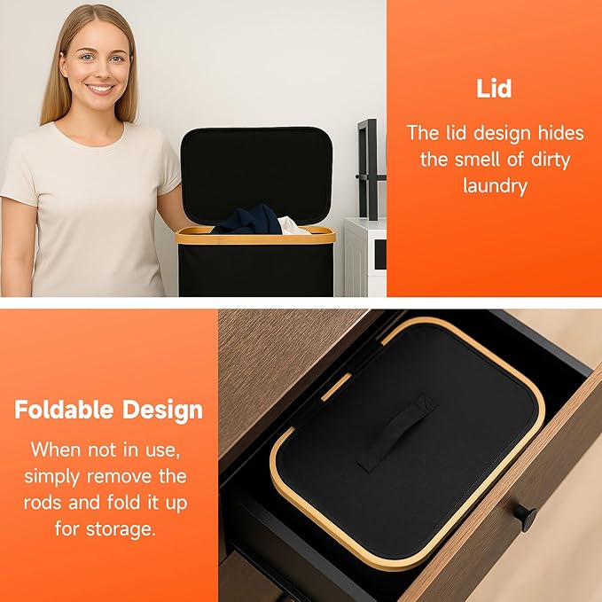 100L Foldable Laundry Basket with Lid, Dirty Clothes Hamper for Dormitories and Gyms | Laundry Hamper with Removable Bag, Black