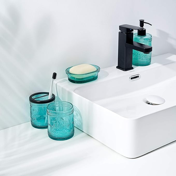 4PCs Teal Blue Glass Bathroom Accessories Set with Decorative Pressed Pattern - Includes Hand Soap Dispenser & Tumbler & Soap Dish & Toothbrush Holder (Bathroom Accessories Blue)