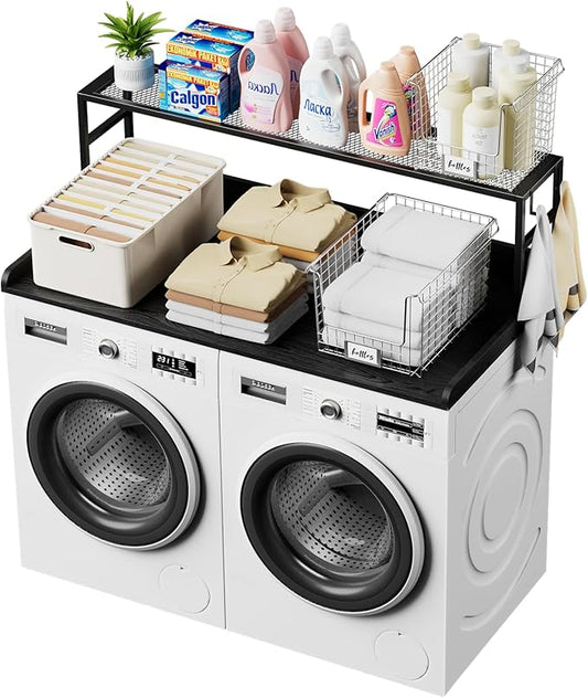 Washer Dryer Countertop with Shelf, Washer Dryer Topper, Solid Wood Washers and Dryers Countertop, 54" Width x 27.5" Depth Laundry Countertop for Laundry Room Organization and Storage, Black