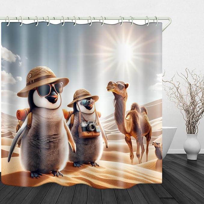 Bathroom Shower Curtains, Desert Penguin Camel Theme Design Waterproof Shower Curtains, Bathroom Decoration Set Animal Shower Curtain Hook 72 "Wx72 L-inch Fabric Shower Curtain.