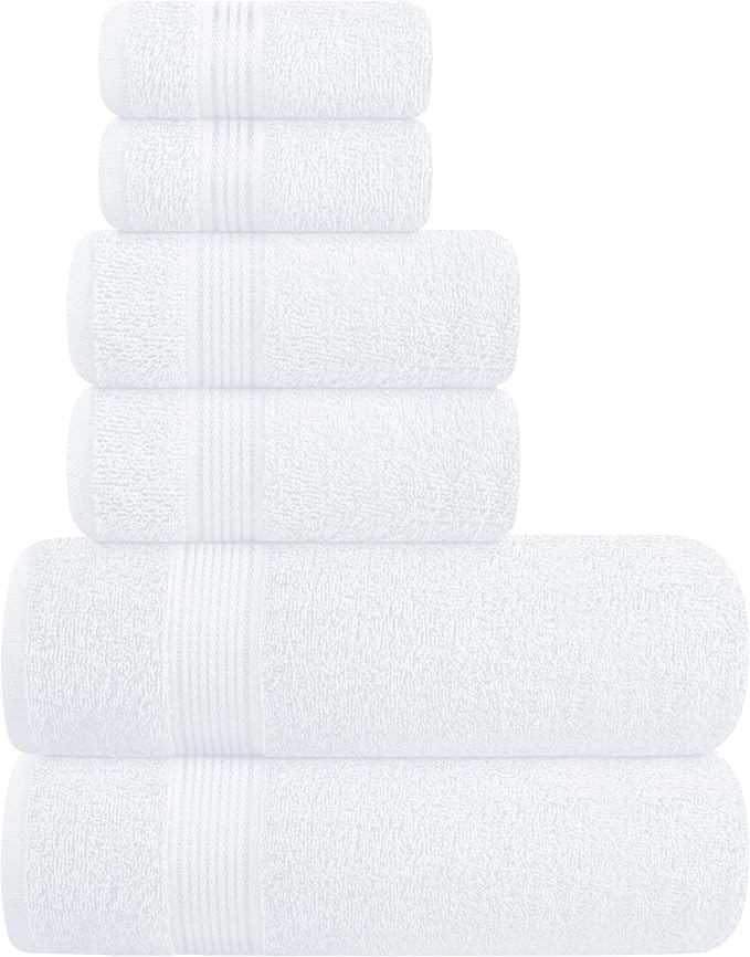 Elvana Home Ultra Soft 6 Pack Cotton Towel Set, Contains 2 Bath Towels 28x55 inch, 2 Hand Towels 16x24 inch & 2 Wash Coths 12x12 inch, Ideal Everyday use, Compact & Lightweight - White