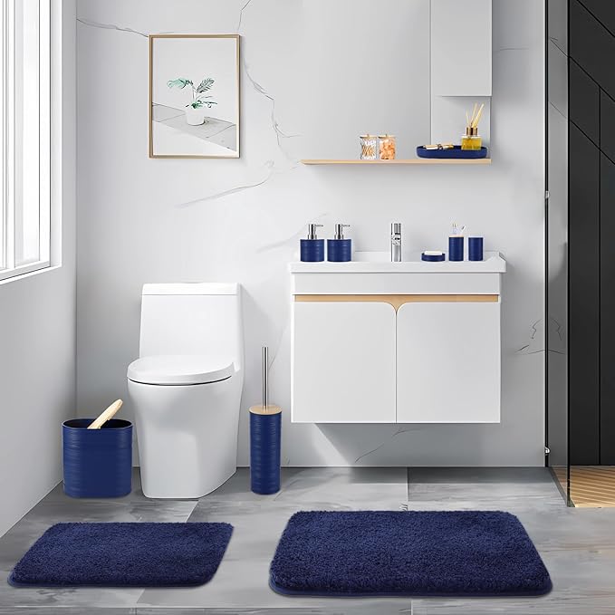 XLHOMO Bathroom Set - Navy Blue Bathroom Accessories Set, Bathroom Sets with Shower Curtain and Rugs, 25PC Shower Curtain Set with Hooks, Soap Dispenser, Soap Dish, Toilet Brush Holder and Trash Can