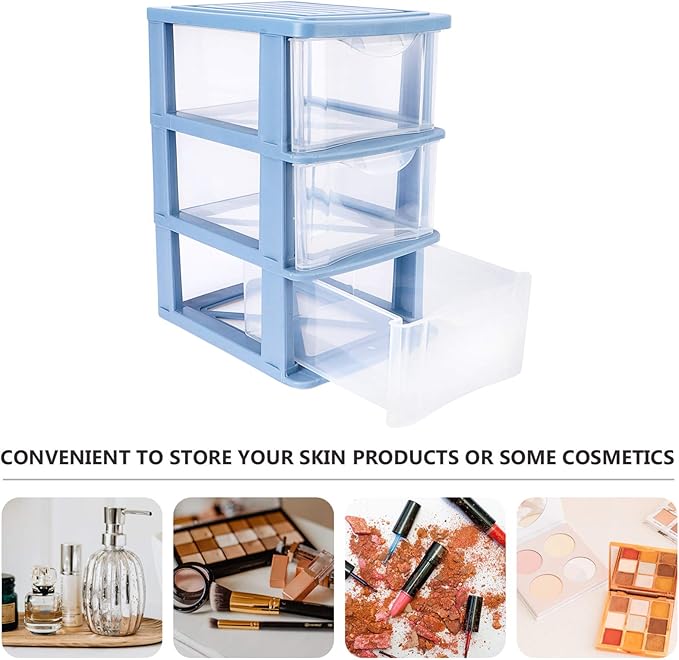 Drawer Storage Cabinet Plastic Makeup Organizer Storage Station Cube with 3 Drawers Cosmetics Jewelry Storage Case Display for Bathroom Vanity Cabinet Countertops Blue Plastic Desk Drawers