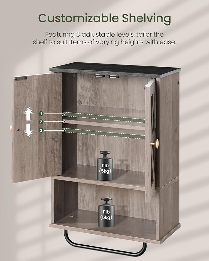 CHOEZON Bathroom Wall Cabinet, Medicine Cabinet with Open Partition and Towel Bar, Rustic Storage Cabinet with Open and Hidden Storage Space, for Bathroom, Living Room, Greige and Charcoal Black