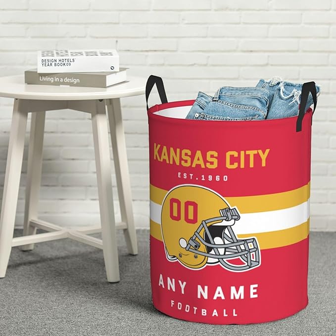 Custom Kansas City Laundry Hamper - Personalized Football Style Laundry Basket - Customized Name And Number - Dirty Clothes Hamper Waterproof Large Capacity Hamper for Bedroom Bathroom Living Room