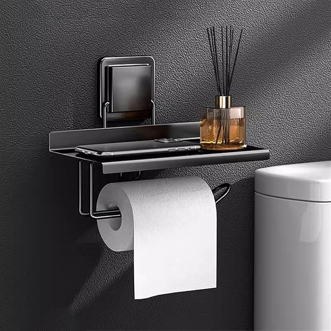 Bathroom Shelf, Stainless Steel Toilet Roll Holder, Modern Wall Mounted Toilet Roll Holder Rack with Shelf, No Drill Bathroom Tissue Rack Storage Dispenser,Wall Shelves for Bathroom(Black)