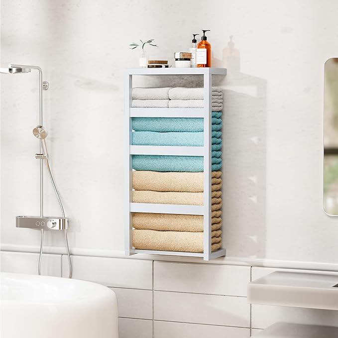 Bamboo Wall Blanket Ladder, 4-Tier Towel Racks, Bamboo Bath Towel Racks for Bathroom Wall Mounted, Decorative Blanket, Quilt, Towel, Scarf Ladder Shelves for Bathroom, Living Room, Bedroom，White