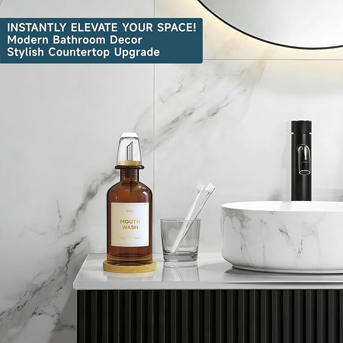 Amber Glass Mouthwash Dispenser for Bathroom Countertop – 14oz/410ml Refillable Mouthwash Bottle with Stainless Steel Pour Spout & Bamboo Tray, Modern Decor for Office, Airbnb, Gym (Amber)