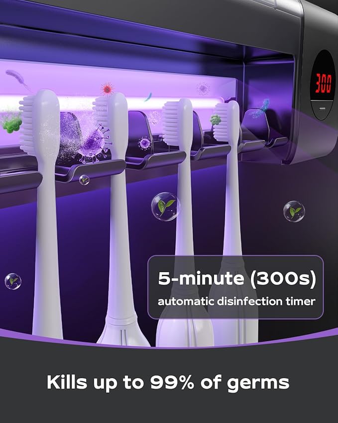 HouseGem Toothbrush Holder, Timer Function, 2000mAh Rechargeable Cordless Wall-Mounted Bathroom (Black)