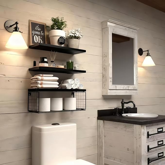 Bathroom Shelves Over Toilet, Set of 3 Wall Mounted Floating Shelves with Storage Basket Rustic Wood Shelf for Home Organization, Wall Decor for Bathroom, Kitchen, Living Room. (Black)