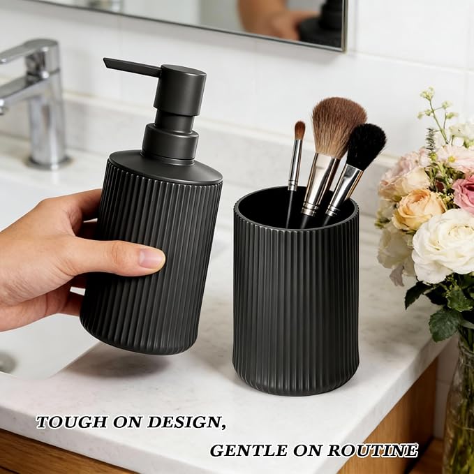 Bathroom Set Accessories, Black Plastic Soap Dispenser and Toothbrush Holder, 2-Piece Bathroom Counter Set for Modern Decor.