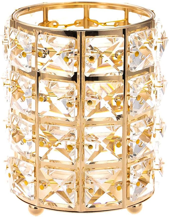 AKOAK 1 Pack Crystal Makeup Brush Holder Office Supplies Storage Rack Eyebrow Pencil/Lipstick/Pencil Makeup Container, Dressing Table, Bedroom, Office (Gold)