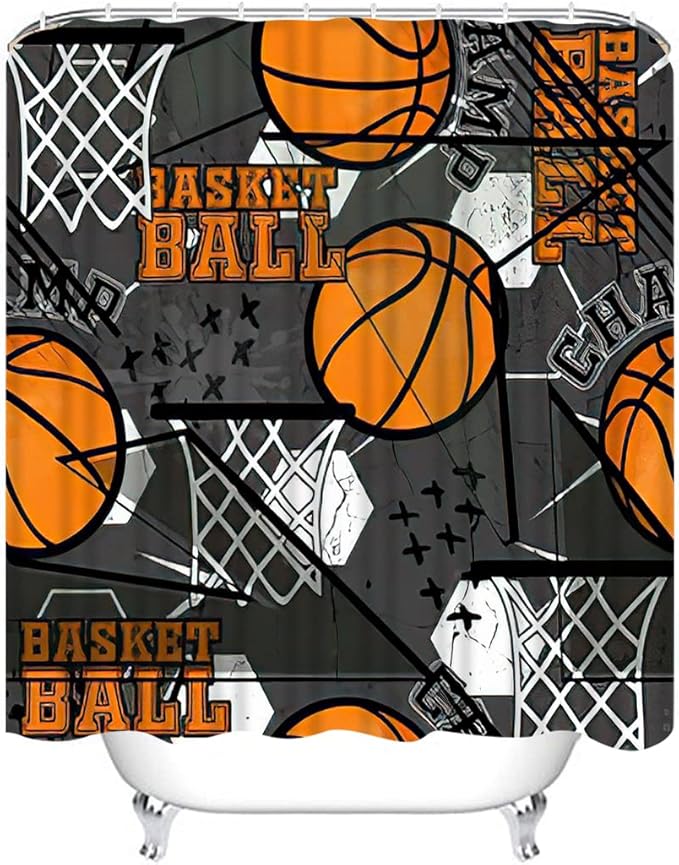 4 Piece Baseball Shower Curtain Waterproof Abstract Sport Basketball Modern Boys Bathroom Sets with Non-Slip Rugs, Toilet Lid Cover and Bath Mat with Standard Size