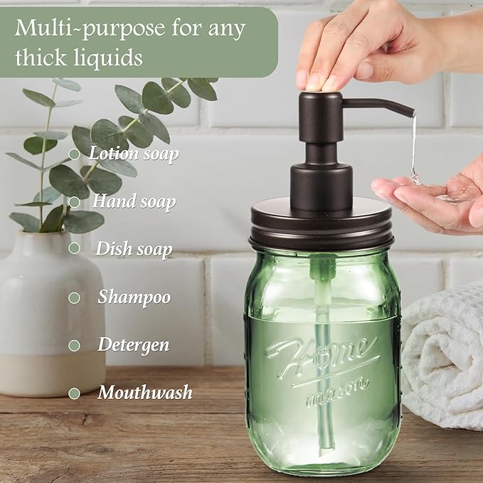 Amolliar Mason Jar Bathroom Accessories Set, 4 Pcs Green Glass Bathroom Set-Lotion Soap Dispenser, 2 Qtip Holders, Toothbrush Holder, Rustic Farmhouse Decor, Bathroom Home Decor For Countertop(Bronze)