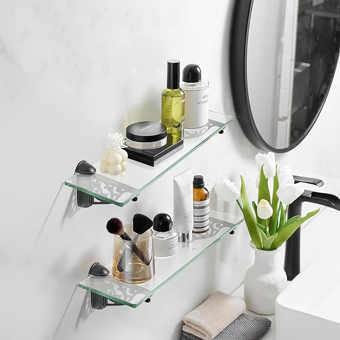 khtumeware 20 Inches Glass Shelves for Bathroom, Black Floating Glass Shelf Zinc Tempered Glass Bathroom Shelves for Wall Mount Modern