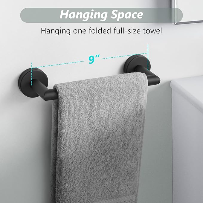 JunSun Bathroom Towel Bar 9 Inch Matte Black Towel Racks Wall Mounted Bath Hand Towel Holder Modern Home Decor Towel Rod Bathroom Accessories Stainless Steel Towel Hangers Towel Rail Single Towel Bars