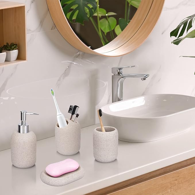 L'ARL GMVOI Bathroom Accessory Set,4 Piece Bathroom Decor Accessories Sets with Lotion Soap Dispenser,Toothbrush Holder,Bathroom Tumbler,Soap Dish for Bathroom Vanity Countertop Accessories,Beige
