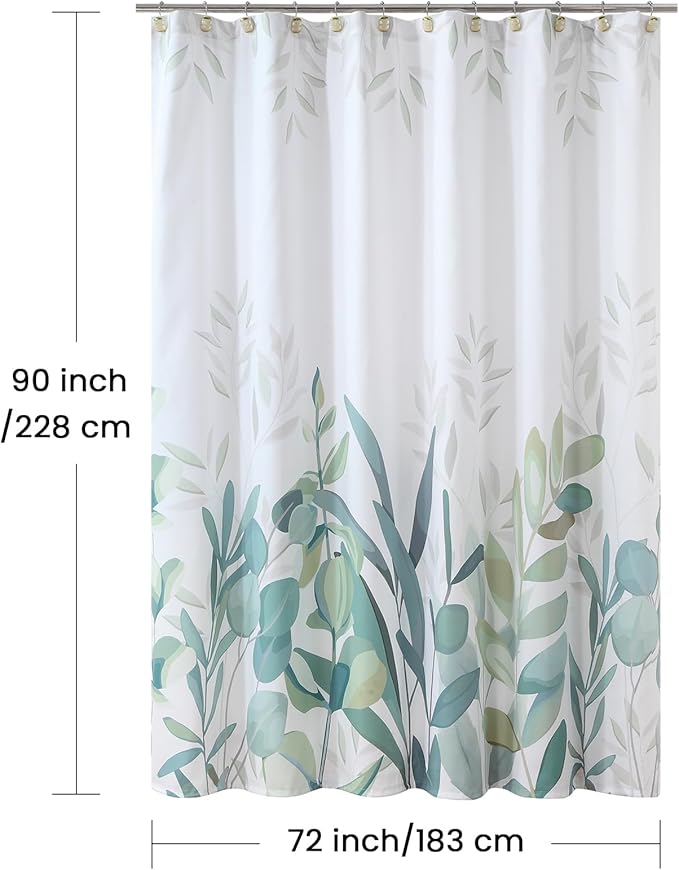 90 Inch Fabric Shower Curtain, Extra Long Sage Green Plant Botanical Eucalyptus Leaves Print Shower Curtains for Bathroom, 72" W x 90" H