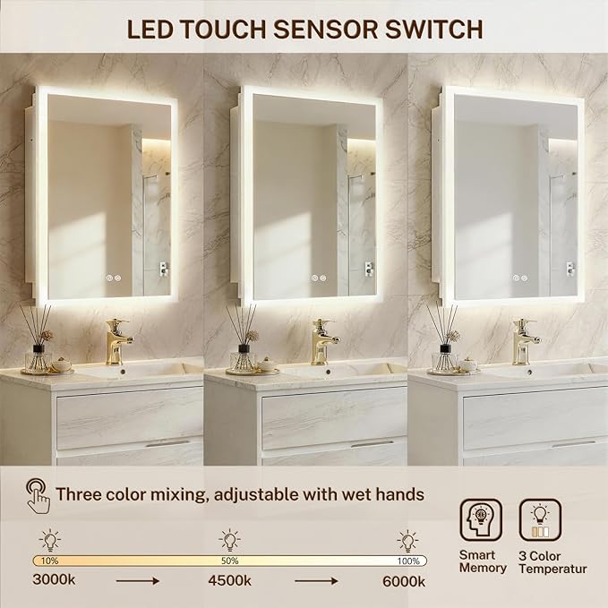 16x26 Inch Lighted Medicine Cabinet with Anti-Fog Mirror, 3 Glass Shelves, Dimmable LED, Recessed or Surface Mount Bathroom Smart Mirror Cabinet