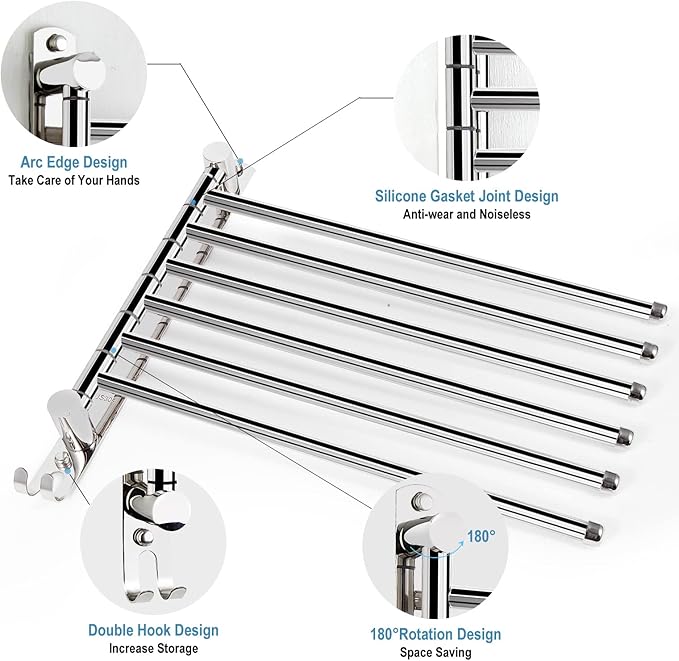 6 - Arm Stainless Steel Swivel Towel Rack with Hook: Wall - Mounted, Rustproof Space - Saver for Bathroom & Kitchen - 180° Rotation, 14kg Capacity