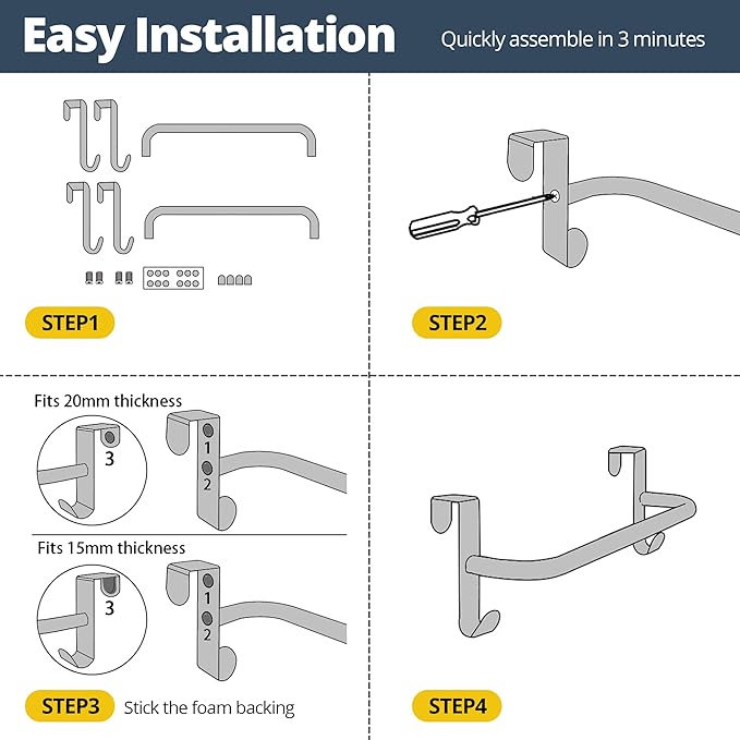 SAYAYO Over Cabinet Towel Bar Black, 15 Inch Kitchen Towel Holder with 2 Hooks, Over The Cupboard Door Dish Towel Rack, 2 Pcs (16 Inch Total Length)