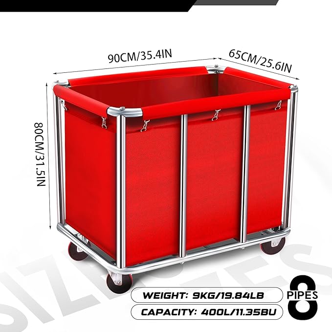 Commercial Laundry Cart with Wheels, 400L Large Rolling Laundry Cart with Steel Frame and Oxford Cloth, Heavy Duty Industrial Laundry Cart for Home,Hotel,Laundry Room, 441 lbs Load (Red-8)