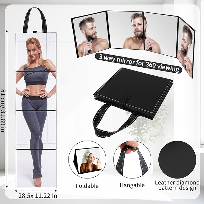 3 Way Foldable Full Length Mirror with Handle 31.89 x 11.22 Inches Leather Portable Camping Travel Hanging Folding Body Mirror for Makeup Dance Fitness Spa Hair Styling (Black,Classic)