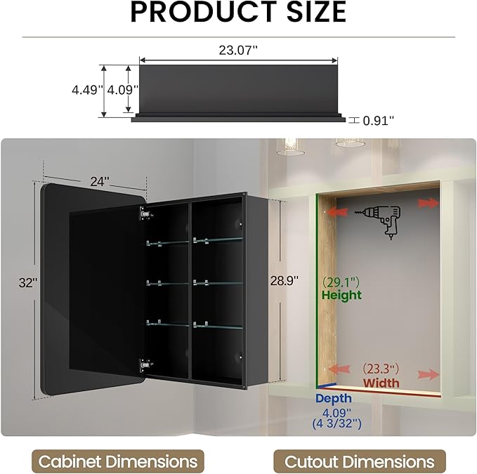 Large Bathroom Medicine Cabinet with Mirro 24x32, Aluminum Recessed or Surface Mount Wall Cabinet, Pre-Assembled, Adjustable Shelves, Center Divider for Tall Bottles, Soft Close, Matte Black
