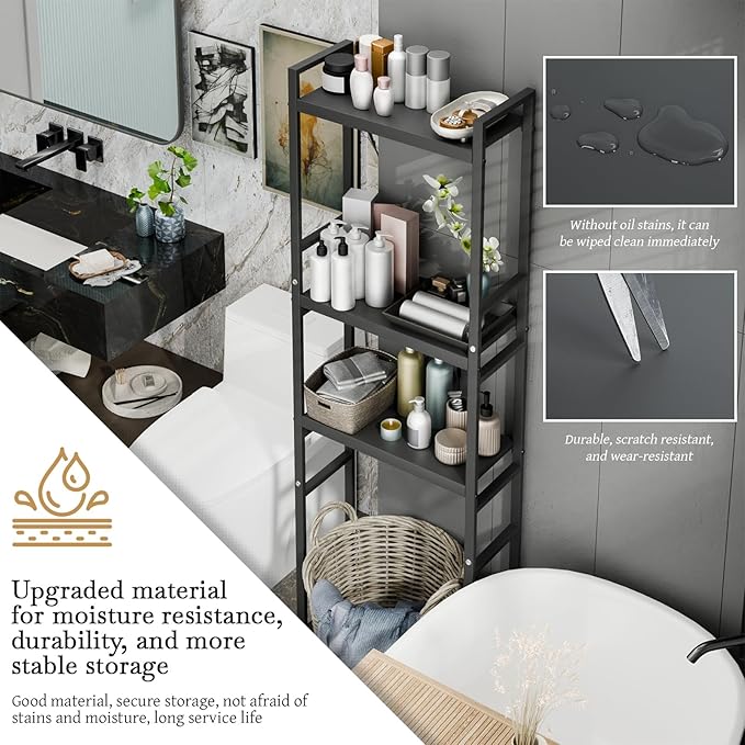 Over Toilet Shelf with Adjustable 3-Tier Shelves & Anti-Slip Base, Freestanding Bathroom Storage Rack, Heavy-Duty Carbon Steel Organizer, Space Saving for Bathroom Laundry, 52x22x162cm Black
