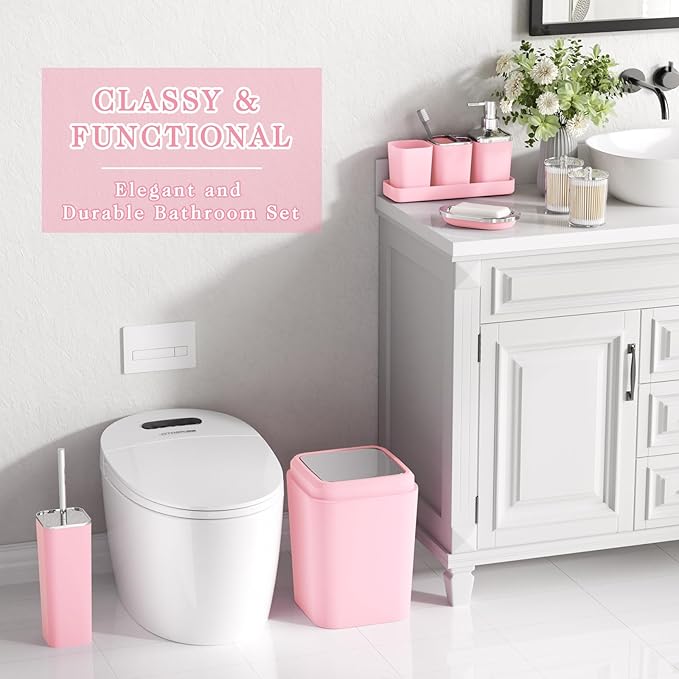XLHOMO Pink Bathroom Accessory Set, Plastic Bathroom Set with Tray, Soap Dispenser, Toothbrush Holder, Toothbrush Cup, Soap Dish, Toilet Brush, Trash Can and Q-tip Holders for Bathroom/Housewarming