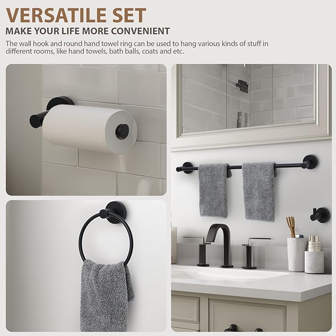 Bathroom Hardware Set 4 Piece – 24 Inch Towel Bar Set,Rustproof Stainless Steel Bathroom Accessories Kit with Towel Ring, Toilet Paper Holder & Robe Hook, Wall Mounted Bathroom Fixtures Set.
