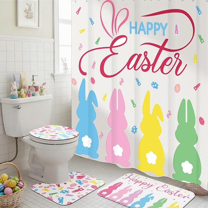 Remagr 4 Pcs Easter Shower Curtain Set for Bathroom Easter Bathroom Curtain Include Bunny Shower Curtains Non Slip Rug Toilet Lid Cover U Shaped Bath Mat and 12 Hooks for Home Indoor Decor
