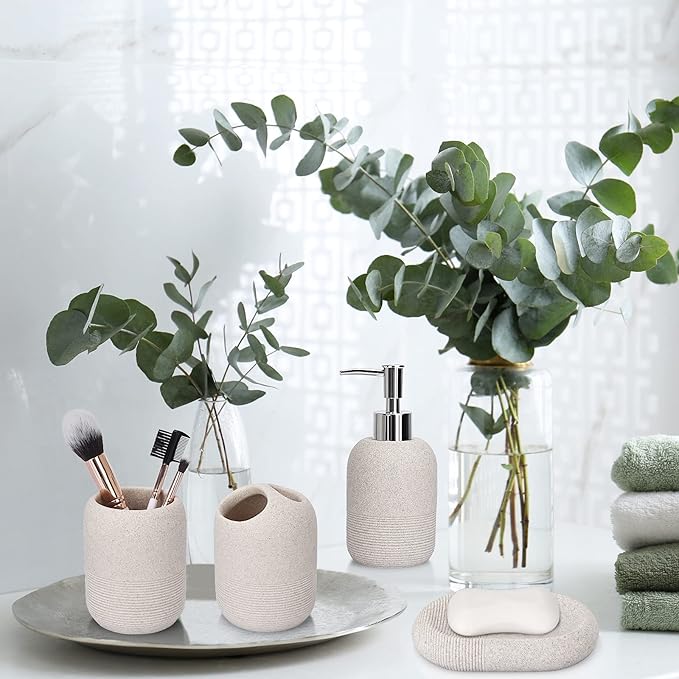 L'ARL GMVOI Bathroom Accessory Set,4 Piece Bathroom Decor Accessories Sets with Lotion Soap Dispenser,Toothbrush Holder,Bathroom Tumbler,Soap Dish for Bathroom Vanity Countertop Accessories,Beige