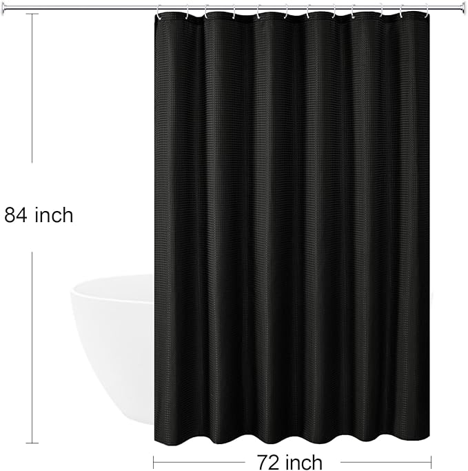 Gibelle Extra Long Shower Curtain 72 x 84, 230GSM Tall Waffle Weave Textured Fabric Shower Curtain for Bathroom, Water Repellent, Machine Washable, Black