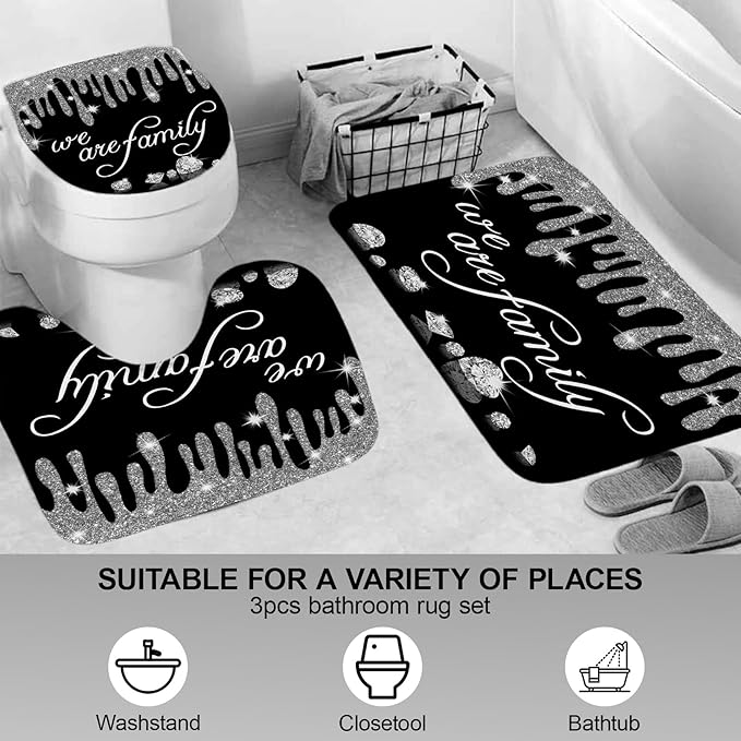 4Pcs Family Glitter Diamond Shower Curtain Sets, Black Famliy Shower Curtain with Toilet Lid Cover and Rugs, Luxury Bling Shiny Shower Curtains for Home Bathroom Set Decor with 12 Hooks, 72 x 72 inch