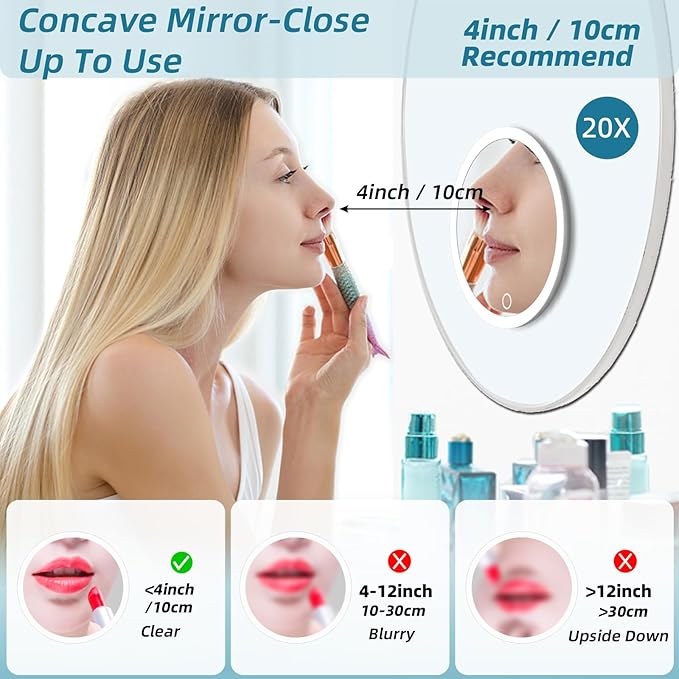 20X Magnifying Mirror w/ Light，Lighted Magnifying Mirror w/ 3 Suction Cups & 360° Stand，Rechargeable 3 Colors Dimming Vanity Mirror，6inch Large Tabletop Makeup Mirror w/ Tweezers & Scissors