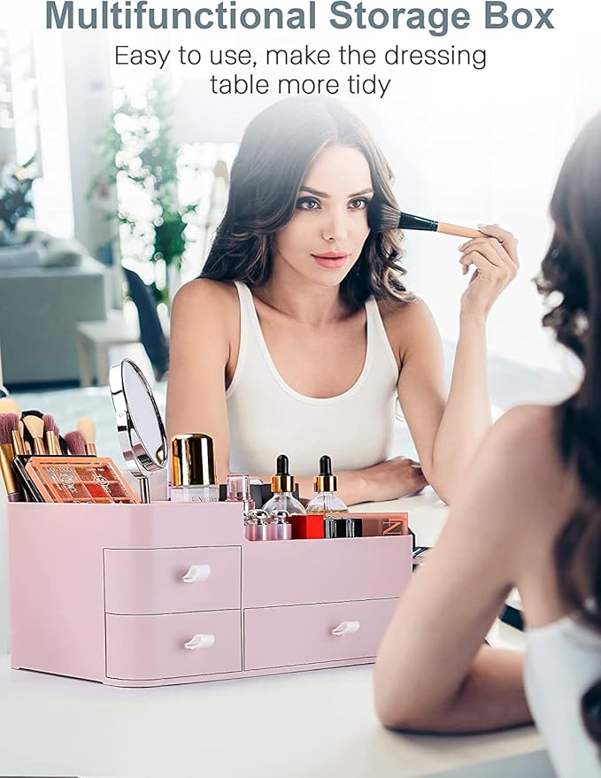 BREIS Makeup Organizer for Vanity,Large Countertop Organizers with Drawers,Dresser Bathroom Cosmetics Organization and Storage for Perfume Skin Care Nail Polish Brushes Eyeshadow Lipstick (Pink)
