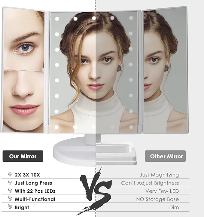 DenCert Makeup Mirror Vanity Mirror with Lights 1X 2X 3X 10X Magnification, Lighted Makeup Mirror, Touch Control, Tri-Fold Portable LED Makeup Vanity, Two Power Supply Modes, White