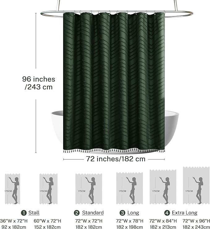 Extra Long Dark Green Boho Shower Curtain with Tassel, Woven Fabric 96 in Shower Curtain, Tufted Chevron Striped, 72 x 96, Modern Chic Textured Minimalist Bathroom Shower